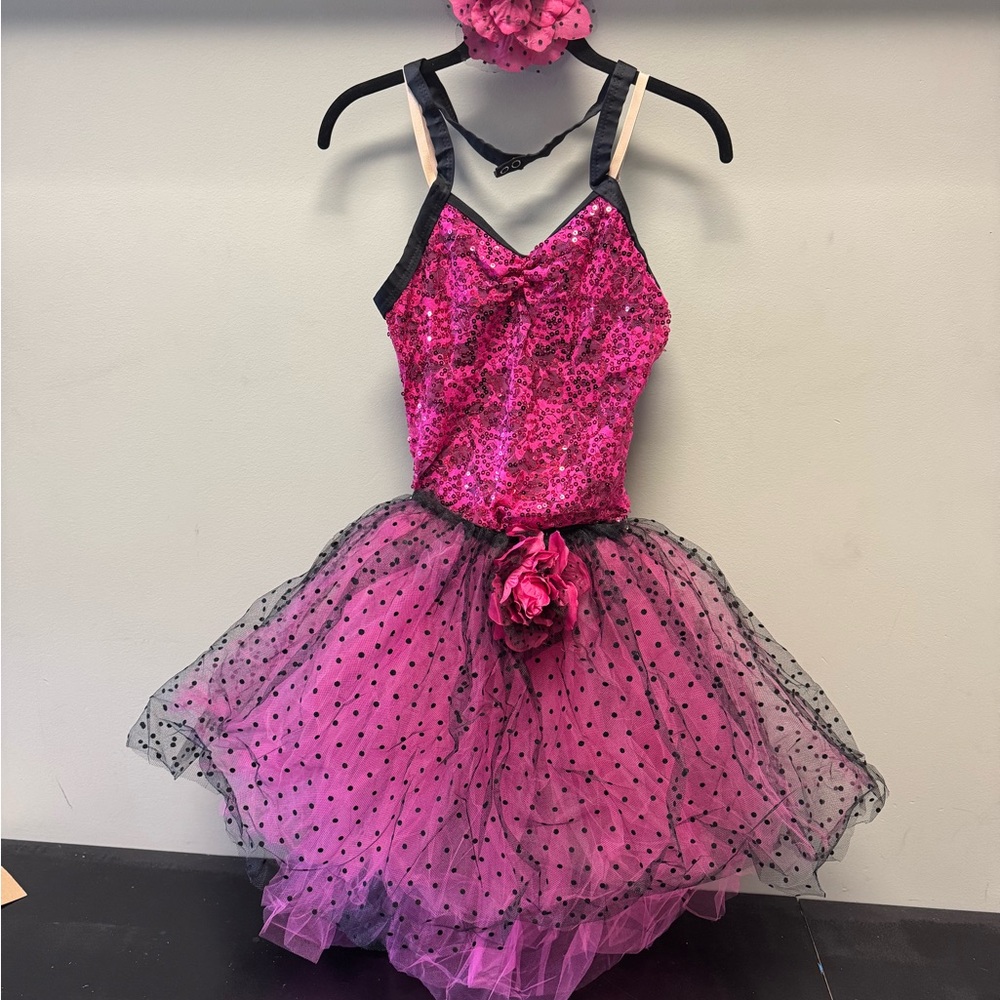 Weissman Black and Pink sm Adult dance costume 2pc tutu leo sequin Halloween